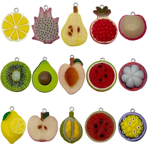 Set of 15 realistic resin fruit pendants including lemon and durian with metal hooks for DIY