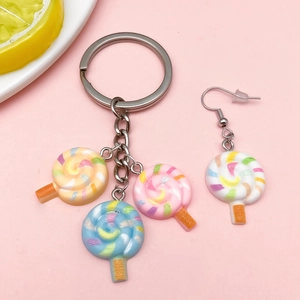 3D colorful resin lollipop keychain and matching earrings set with spiral pattern texture