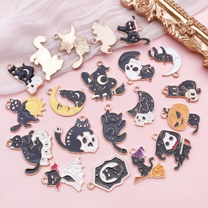 Halloween black cat enamel charms set for DIY jewelry making with gothic motifs