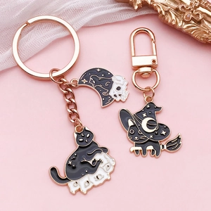 Rose gold Halloween black cat skeleton keychain set with enamel boo charms