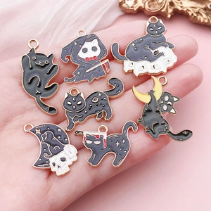 7Pcs set of Halloween black cat enamel charms in gothic skull and moon designs for DIY