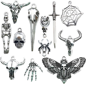 11pcs antique silver gothic charms set with skull bat spider and skeleton pendants