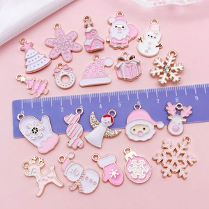 Pink and white Christmas alloy charms featuring snowflake, deer, and tree for DIY jewelry