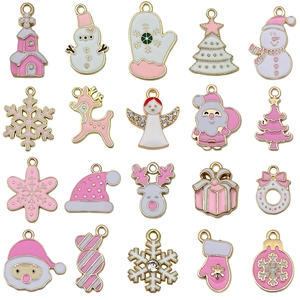 Pink and white Christmas alloy charms set featuring reindeer and snowflakes for DIY jewelry