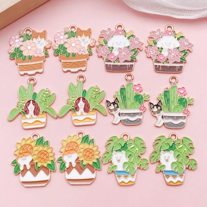 Breloques en Alliage d'Émail de Chien en Pot pour la Fabrication de Bijoux DIY Porte-clés Boucles d'Oreilles Pendentif Accessoires Fleurs Animaux