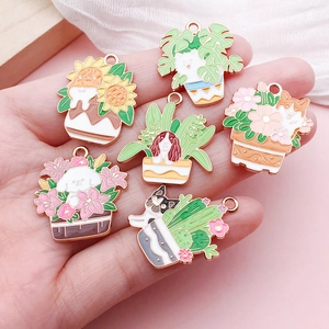 Pendentifs émaillés chat et chien avec plantes en alliage pour bijoux DIY créatifs