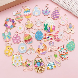 Easter alloy enamel charms set featuring eggs, rabbits and carrots for DIY jewelry making