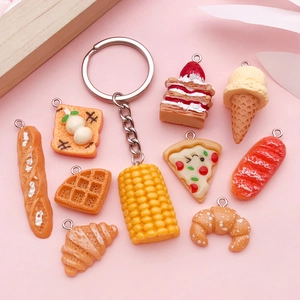 3D miniature food charms keychain set with assorted bread and dessert resin pendants