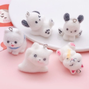 Cute Flocked Resin Dog Pendants For DIY Jewelry Making Kawaii Animal Puppy Charms For Keychain Phone Strap Crafting Material