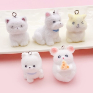 Cute Flocked Resin Animal Pendants For DIY Jewelry Making Cartoon Dog Cat Hamster Charms For Bag Phone Decor Accessories
