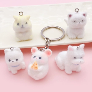 Cute cartoon flocked resin animal charms including puppy and kitten for DIY keychains