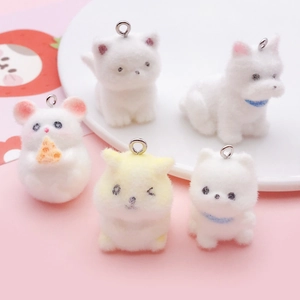 Group of cute flocked resin animal charms including cats and hamsters with metal rings