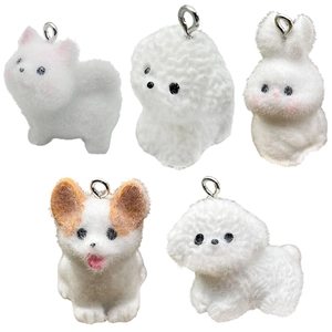 Five cute flocked animal pendants including corgi and rabbit for DIY jewelry making
