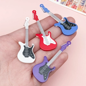Set of four colorful acrylic electric guitar pendants in purple, red, white, and blue