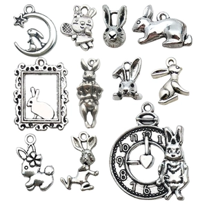 Set of 10 vintage silver zinc alloy rabbit charms in various styles for DIY jewelry making