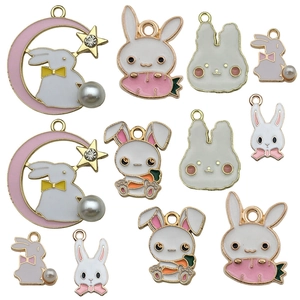 Cartoon Easter bunny charms set with enamel coating and faux pearls for DIY jewelry