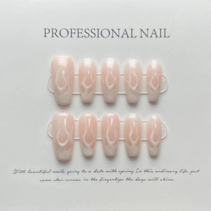 Handmade pink white gradient coffin press-on nails with white flame art patterns