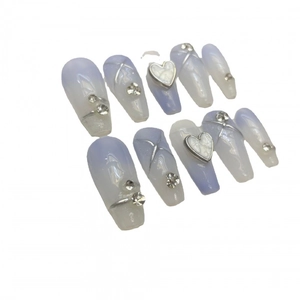 Long trapezoid press-on nails with purple-white gradient and silver heart accents