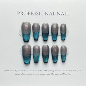 Blaue Cat-Eye Press-on-Nägel in langer Sargform mit silbernem Glitzer und Glanzfinish