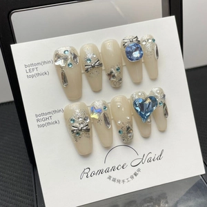 Handmade Luxury Press On Nails Blue Heart Star Rhinestone Bowknot Nude Color Long Coffin Fake Nails For Women Manicure