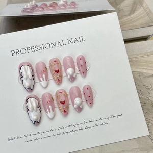 Handmade pink press-on nails set with 3D white rabbit and heart design in Japanese style