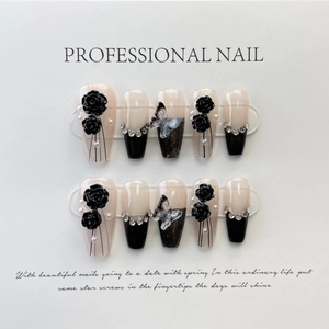 Handmade Black Camellia Press On Nails With 3D Rose Butterfly Rhinestone Artificial Pearl Coffin Shape Fake Nails Manicure Set
