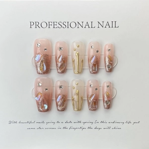 Handmade Coffin Press On Nails Nude Pink Gradient Rhinestone 3D Flower Design Glitter False Nails Set For Women 10PCS