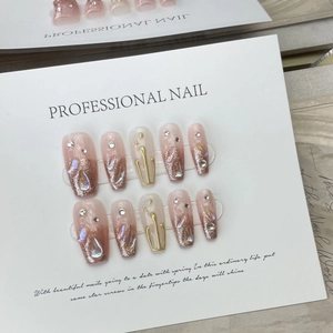 Pink brown gradient handmade press-on nails with glitter and 3D rhinestones