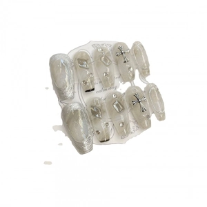 Gray marble press-on nails with silver cross accents and rhinestones in long coffin shape