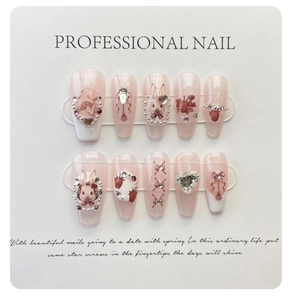 Macro detail of handmade Alice in Wonderland long trapezoid press-on nails with 3D bows