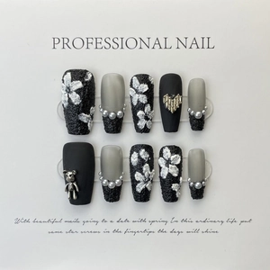 Handmade Black Rose Press On Nails 10Pcs 3D Relief Flowers Artificial Pearl Metal Bear Heart Sweet Cool Style Coffin Fake Nails