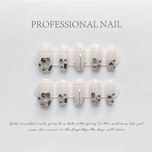 Handmade gradient press-on nails with 3D rhinestones and silver glitter details