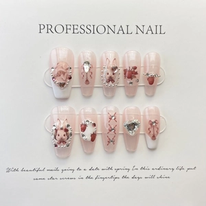 Handmade Alice Wonderland Pink Press-on Nails Rabbit Strawberry Pattern Rhinestone Heart Artificial Pearl Coffin Nails For Women