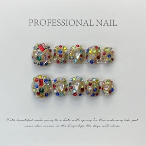 Handmade Colorful Rhinestone Luxury Press On Nails Set Full Diamond Design Square Round False Nails With Glue Kit For Women