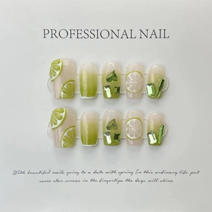 Handmade Lemon Theme Press On Nails With Green Rhinestone Gradient Summer Fruit Design Square Round Professional False Nails For Women