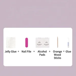Reusable press-on nail kit with jelly glue, nail file, prep pad, wood stick, and adhesive