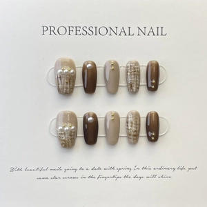 Handmade Press-on Nails Tweed Pattern Artificial Pearl Elegant False Nails and Tool Kit for Women Girls Daily Use