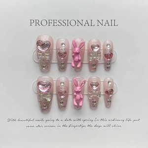 Handmade Pink Gradient Coffin Press On Nails With 3D Bunny Heart Rhinestones Luxury Sweet Style False Nails For Women
