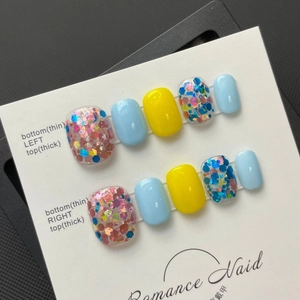 Handmade Press On Nails Short Square Yellow Blue Sequins Star Pattern Glossy False Nails For Women Daily Decor DIY Manicure