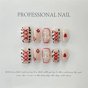 Handmade Y2K Bear Cow Print Press On Nails Heart Flower Design 3D Resin Bear Artificial Fake Nails Set For Women