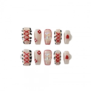 Handmade press-on nails with red heart, 3D bear, cow print and floral patterns