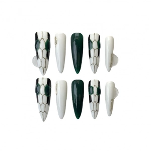 Luxurious handmade press-on nails featuring green snake pattern and gold relief details