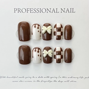 Handmade Brown Checkerboard Press On Nails With 3D Bow Chocolate Drip Design Glossy Resin Fake Nails For Women Jewelry
