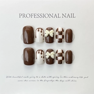 Brown checkerboard press-on nails set with 3D white bows and chocolate glaze effect