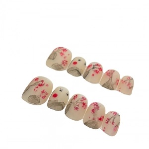 Short round Chinese style press-on nails with plum blossom and landscape ink painting