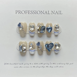 Handmade Press On Nails French Blue Heart Rhinestone Butterfly Design Short Coffin False Nails For Women Daily Dating Nail Decor