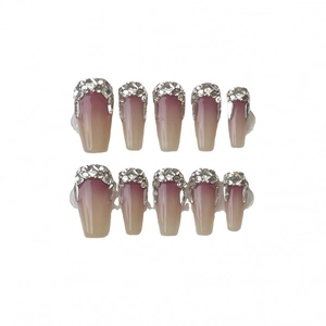 Rosa Ombré-Kunstnägel zum Aufkleben mit Strasssteinen in Sargform, 10er Set