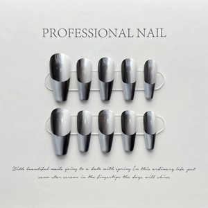 Handmade Press On Nails Black Gray Gradient French Design Coffin Fake Nails Glue Included For Women Salon Professional DIY Nail Art