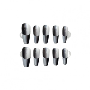 Handmade black and silver gradient metallic mirror press-on nails in long coffin shape