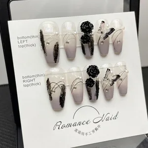 Handmade grey gradient press-on nails with 3D black rose, pearls and rhinestones
